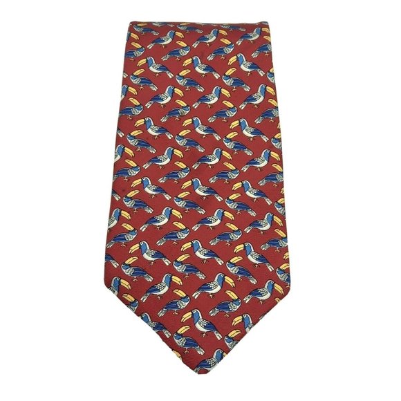 Burberrys Mens Silk Neck Tie Red Toucan Novelty Print Pattern Made in England - Picture 1 of 8